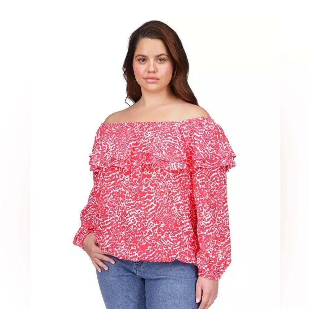 Michael Kors Animal-Print Off-The-Shoulder Deep pink and white Top Size 3X